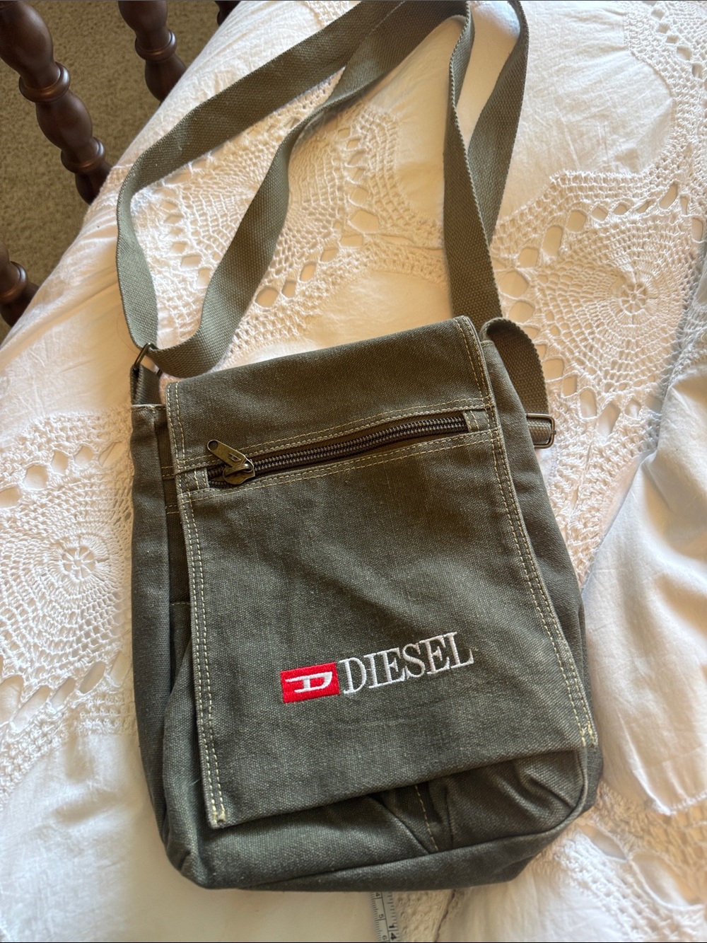 Vintage Black Diesel Olive Green Canvas Messenger Bag with Red Logo